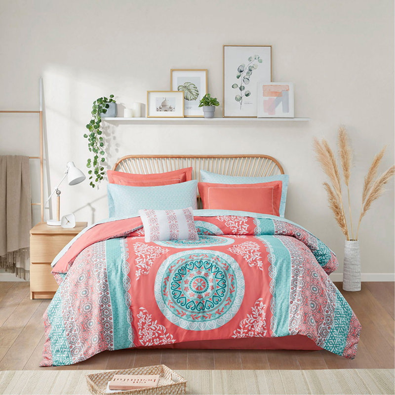 Ensemble d'édredon pour grand lit avec draps, Grand édredon et 8 pièces supplémentaires, Corail