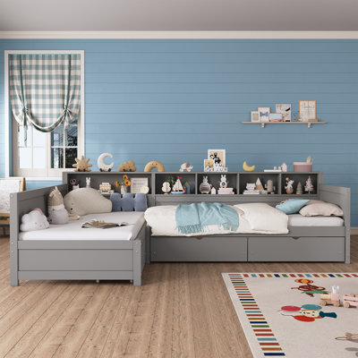 Twin Size Day Bed For 2, L- Shape Bed Frame With 3 Drawers, Wooden Corner Bed With Bookshelf