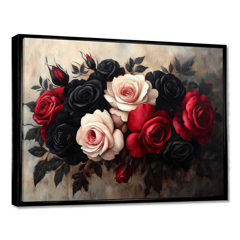 «Morlee Midnight Pink Red Roses Bouquet - Roses, art mural», H 30 po x l 40 po, Noir, noir, noir, noir, Cadre flottant