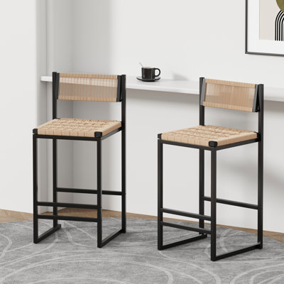 Ensemble de 2 tabourets de bar tissés avec dossier en corde de papier tissé pour îlot de cuisine