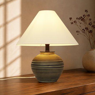 Lampe de table ronde de style ferme à 1 lumière, intensité variable, abat-jour en lin, couleur brun café, idéale pour l'entrée.