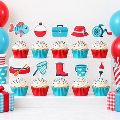 Fishing Cupcake Toppers, Red Turquoise Fish Canoe Tackle Box Reel Picks, Little Fisherman Cardstock Birthday Party Decorations