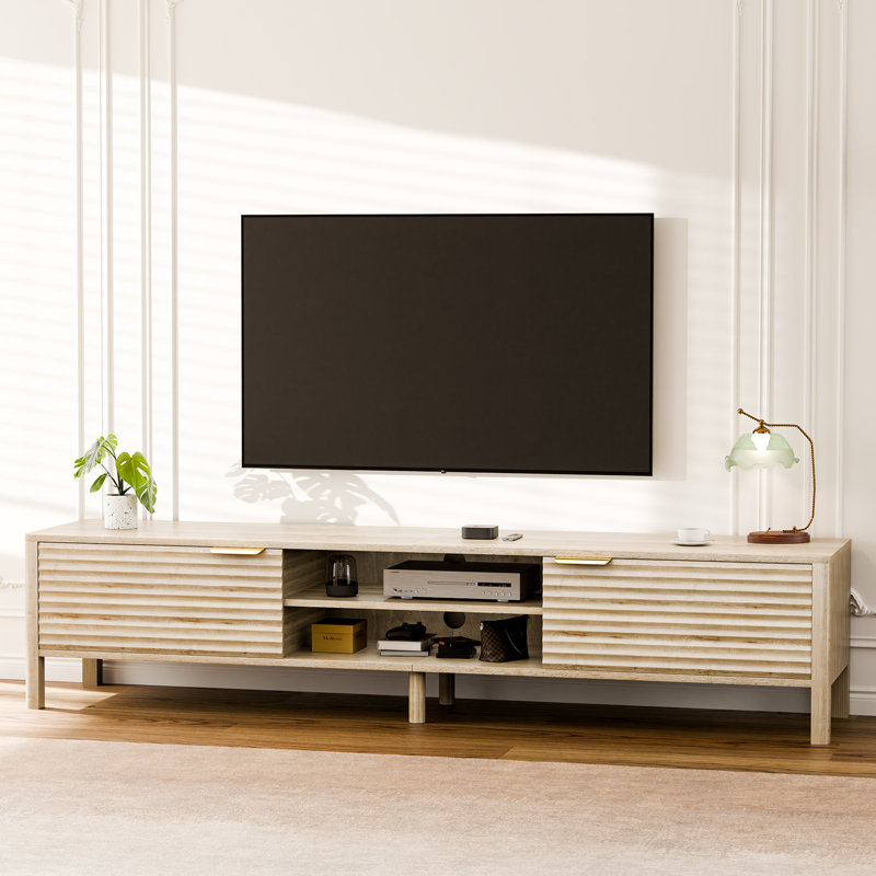 71" W Mid-Century TV Stand - Walnut Color Entertainment Center Support Up for 75" TVs, Dual Accessible Cabinets with Cable Outlet, Modern Home Furniture