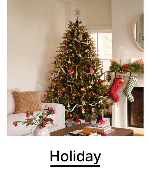 Decorated Christmas tree with festive ornaments, stockings hanging from a fireplace mantel, and seasonal living room decor, labeled Holiday.