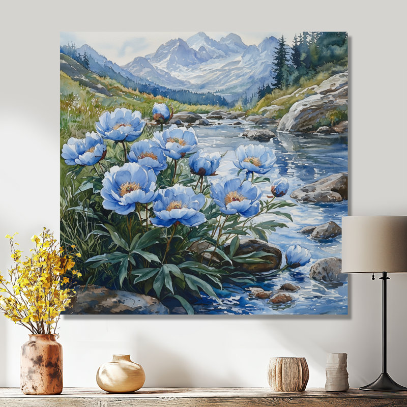 Givon, montagne, pivoines au bord de la rivière II - pivoines, art mural, Toile tendue, Ne s’applique pas, H 30 po x l 30 po