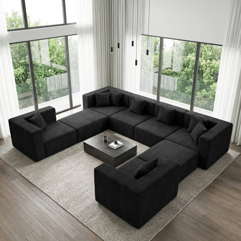 Boneless Cloud Modular Sectional Couch With 8 Pillow,modern 8 Seater Boneless Sofa For Living Room,no Assembly, Black Boucle