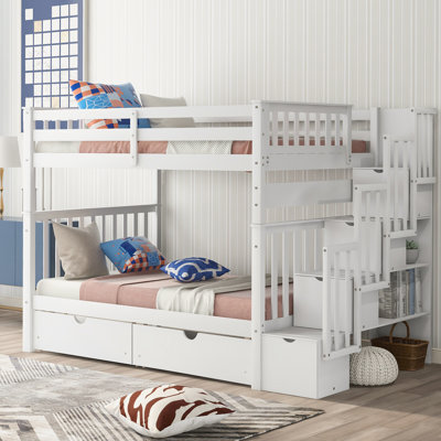 White Full Over Bunk Bed With Shelves And 6 Storage Drawers, For Clothes Bedtime Stories, Frame Solid Legs Bed, Color, Open Drawers Quilts, Staircase Compartments, Divisible Into Two Beds