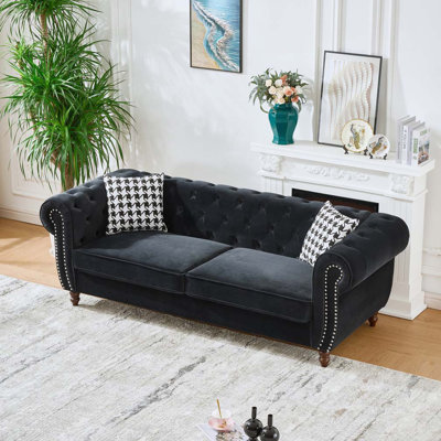 Canapé Chesterfield Ertie avec revêtement en velours et structure en bois massif