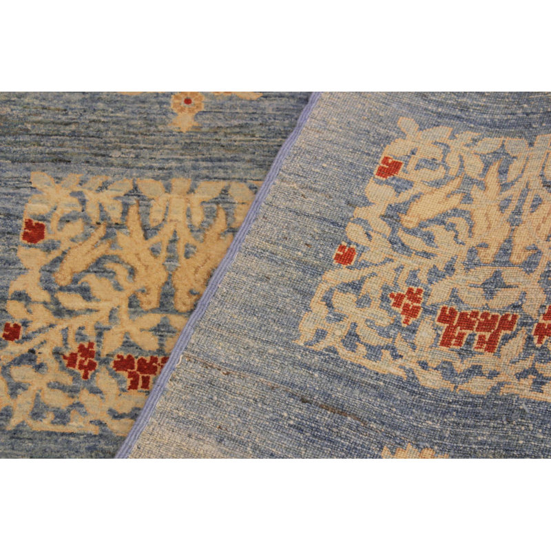 Tapis bleu / beige en laine noué à la main 4 pi 2 po x 5 pi 10 po Silke Southwestern