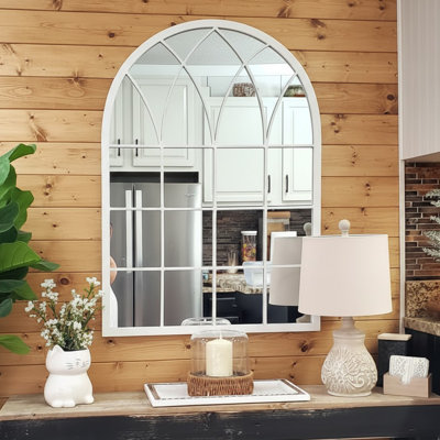 Arched Windowpane Wall Mirror, 35.4"x25.6", Distressed White, Farmhouse Decorative Accent Mirro