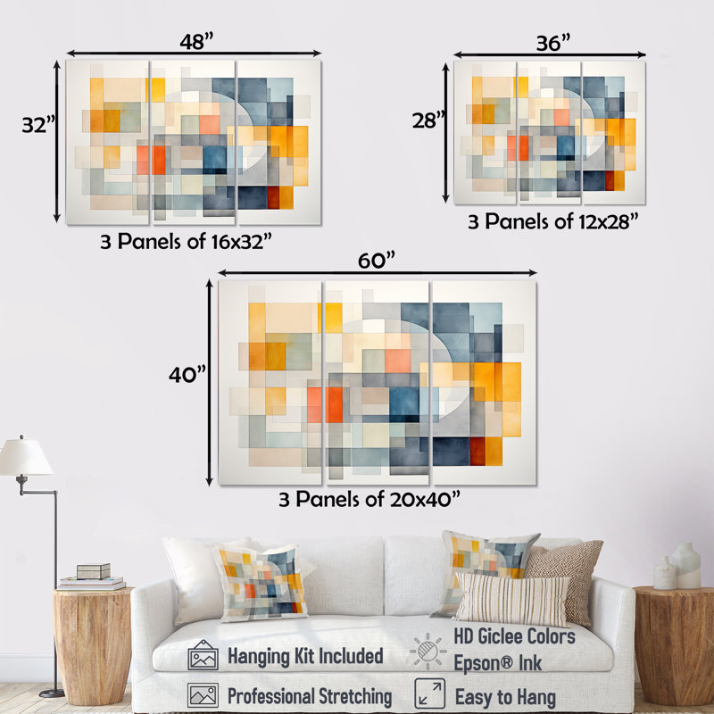 Multicolore cubes motifs IV - art mural géométrique, Toile tendue, H 28 po x l 36 po x P 1 po