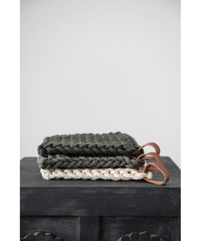 Hand-Crocheted Cotton Pot Holders with Leather Loop, Set of 3