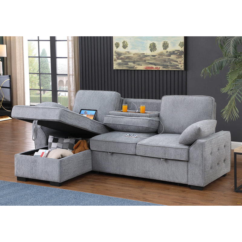 Canapé-lit modulaire réversible en chenille avec méridienne de rangement, table rabattable, porte-gobelets et ports de chargement