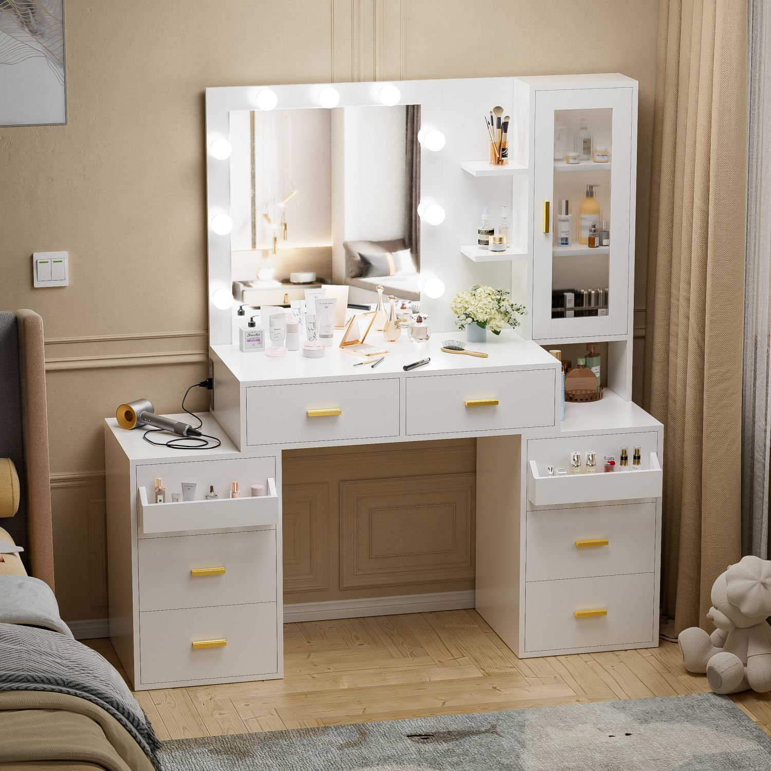 Large Makeup Vanity Desk with Sliding Lighted Mirror Power Outlet Movable  3-Drawer Chest and Shelves White 