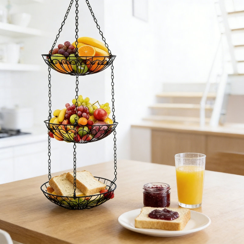 Panier de cuisine suspendu à 3 niveaux pour le rangement des fruits et légumes, organisateur en fer rustique avec tablettes réglables pour une organisation de comptoir peu encombrante