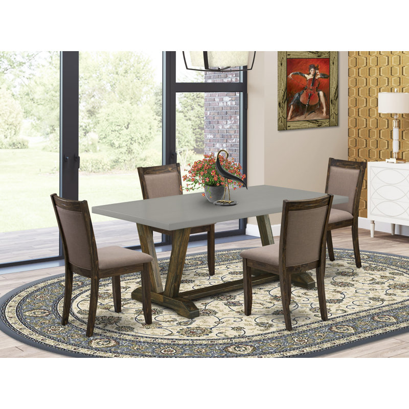 Ensemble de 9 pièces comprenant une table de salle à manger en ciment et 8 chaises de salle à manger en tissu de lin avec dossier haut - finition jacobine patinée