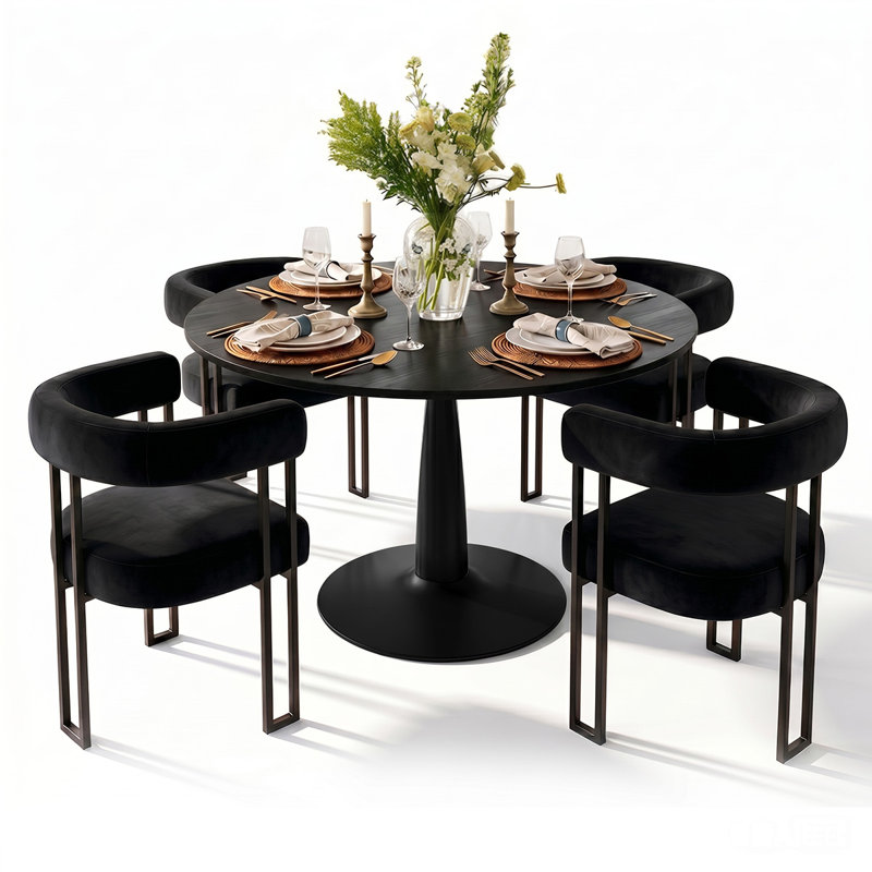 4 - Person Dining Table Sets With Round Table & 4 Upholstered Velvet Chairs, Black