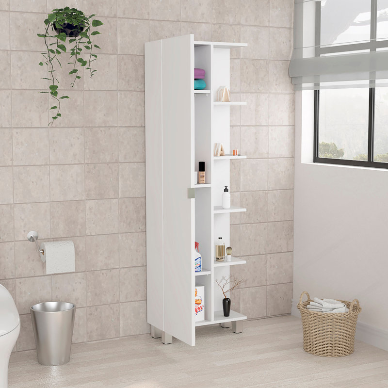 Armoire de coin en lin, cinq tablettes extérieures, une porte, quatre tablettes intérieures - blanc, Blanc