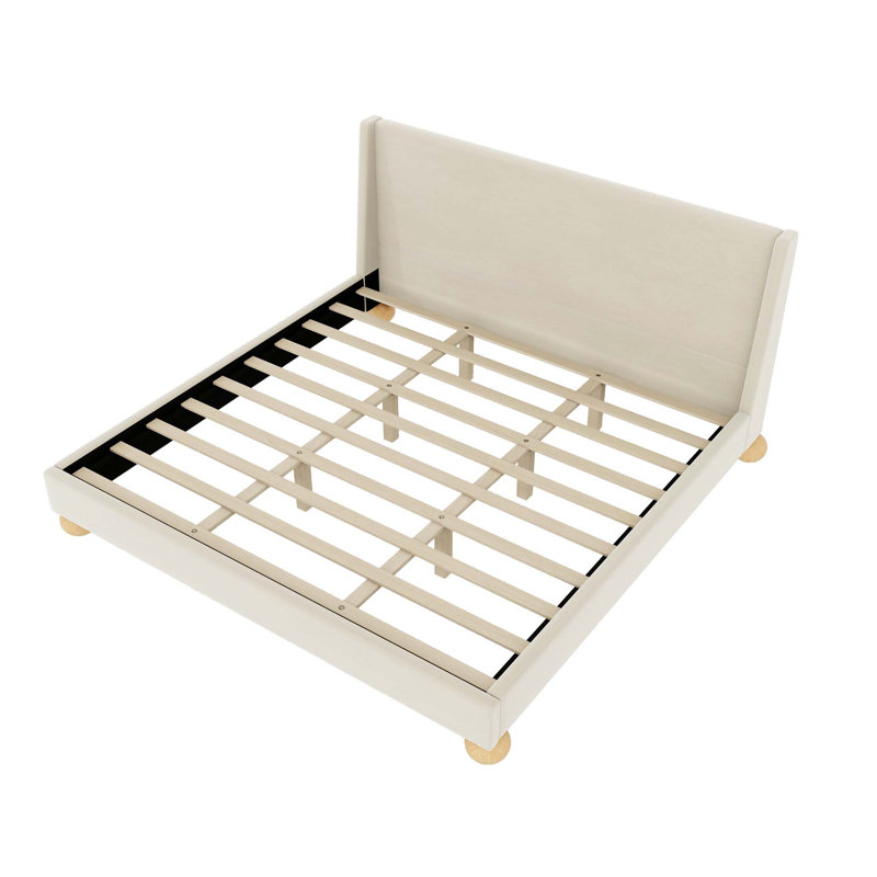 Velvet Bed with Round Wooden Legs, Beige, King
