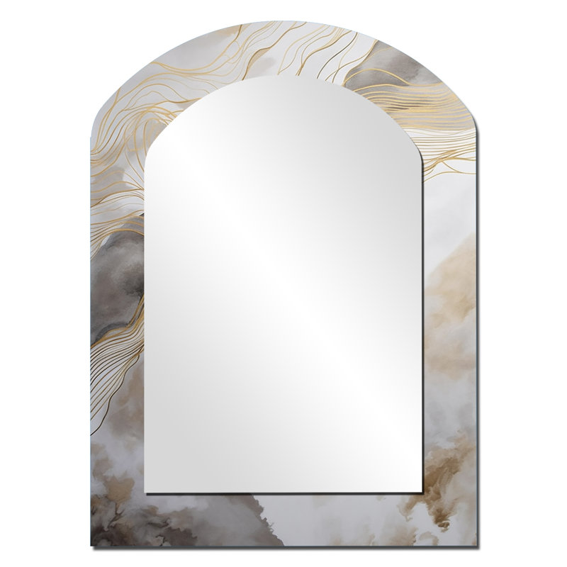 Or et gris abstrait Art Line V - art mural miroir en arc, 34 po x 25 po