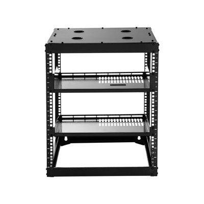 Support réseau 12U à cadre ouvert, profondeur de 23 po, tablettes ventilées sur pied, quincaillerie de fixation, poignées pour plusieurs appareils audio-vidéo, espaces muraux ou debout limités, fabrication haute résistance, idéal