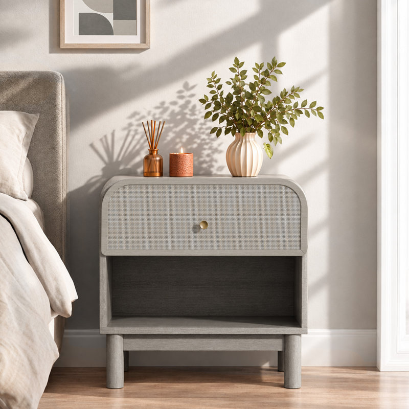Tables de chevet en rotin avec tiroir et étagère ouverte, style bohème à coins arrondis, Light Grey Oak