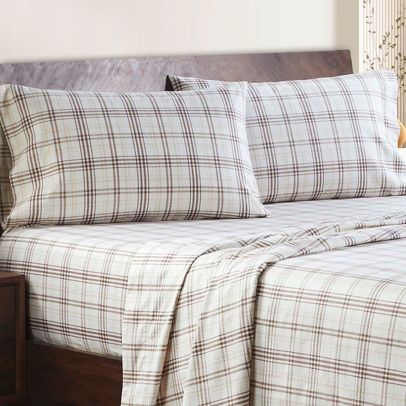 Taies d'oreiller style campagnard classique en flanelle de coton écossais, Beige, Taies d’oreiller standards
