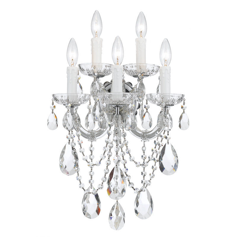 Bohemian 5 Light Crystal Candle Wall Sconce, Chrome, Majestic Wood Polished