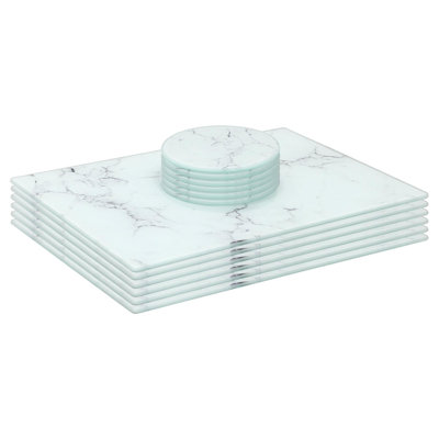 Harbour Housewares - 12pc Glass Placemats & Round Coasters Set - 30cm x 20cm - White Marble Effect