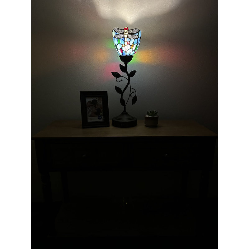 Simonetti Tiffany Torch Table Lamp Dragonfly Blue Stained Glass Included LED Bulb USB Ports 6"W*6"D*20"H, Sky Blue