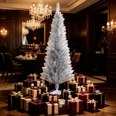 5 ft Artificial Pencil Christmas Tree, Slim Silver Xmas Tree with Realistic Branch Tips and Plastic Base Stand for Indoor Holiday Decoration