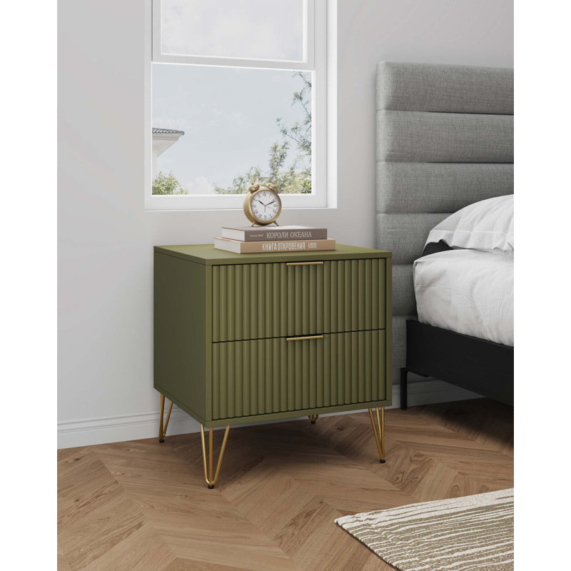 Olive Green Nightstand, Modern Wooden Side End Table with Storage for Bedroom, Olive Green