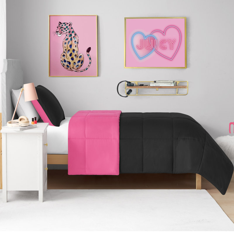 Juicy Couture Box Stitch Reversible Comforter Sets, King Comforter + 2 King Pillow Shams, Black/Hot Pink