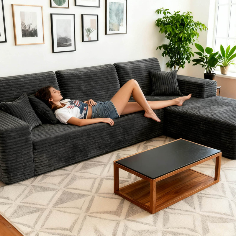 Boneless Corduroy L-Shape Modular Sectional Couch with Chaise - Soft Upholstered, Roomy Deep Seat, No Assembly Required, Timeless Stylish Furniture for Living Room Bedroom Apartment Home Office