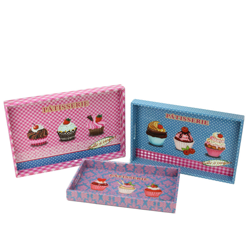 Plateaux de service rectangulaires roses et bleus "PATISSERIE"