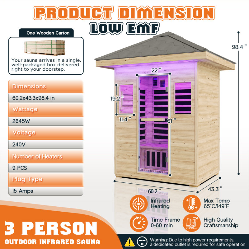 3-Person Home Infrared Dry Sauna With Tourmaline Foot Heater, Spruce-Wood, Low Emf  2645W/240 V – 7-Color Light Therapy & Dual Bluetooth Speakers (60.2″×43.3″×98.4″)