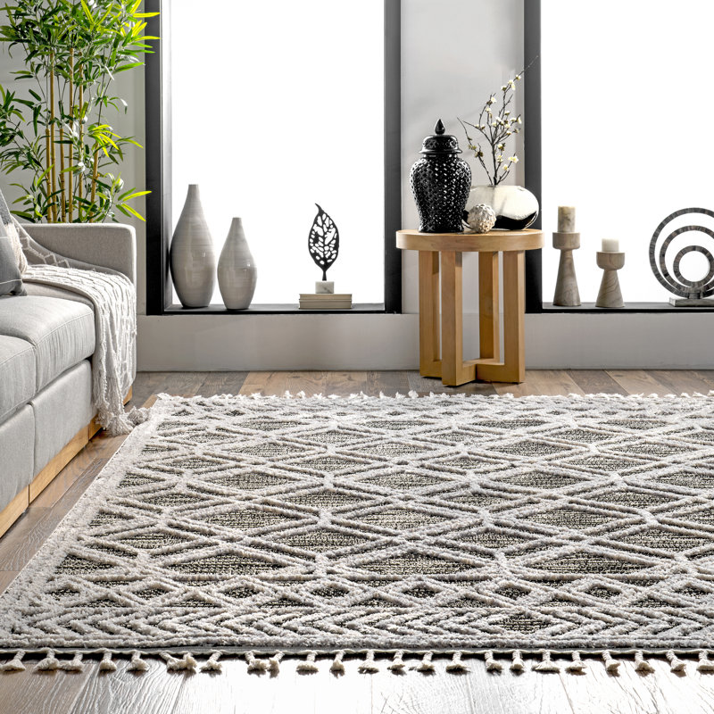 Tapis treillis Rachelle pour le salon, la chambre et la cuisine, gris / blanc cassé, Rectangle 10 pi x 14 pi 8 po