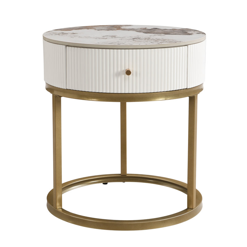 Table d'appoint 19,68 pouces avec rangement - Pierre frittée et structure métallique ronde pour chambre à coucher