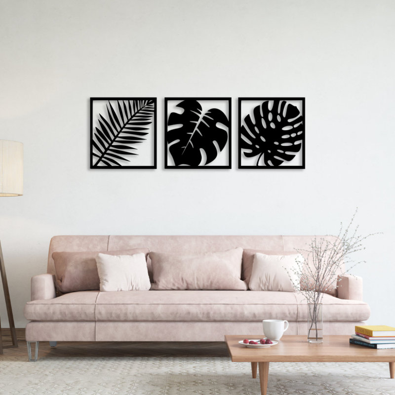 Ensemble de 3 décorations murales feuille, Noir, H 12 po x l 12 po x P 0,12 po