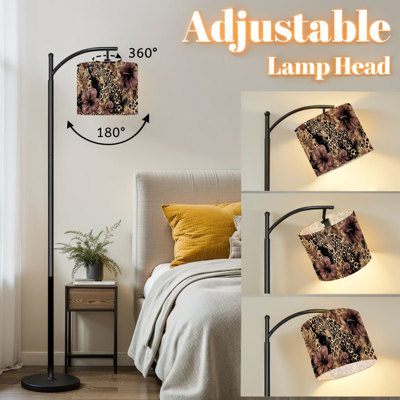 Lampe sur pied à arc avec abat-jour ajustable à imprimé léopard avec texture de peau de bête en textile élégant