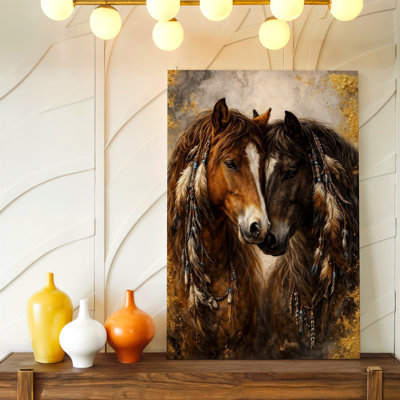 Deux chevaux, reproduction d'art sur toile rustique, portrait animalier doré, impression sur toile, salon chambre bureau, couloir, décoration murale surréelle moderne pour appartement, loft, entrée, style maison