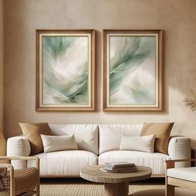 Sage Green Flowing Abstract Elegant Modern Composition – Set of 2 Premium Framed Wall Art Print on Paper 26"x36"