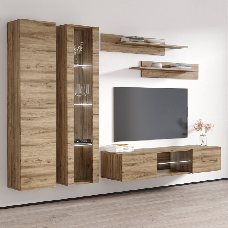 100" Modern Floating Wall Mounted Entertainment Center with 16-Color LED Lighting, High Gloss Finish, Oak
