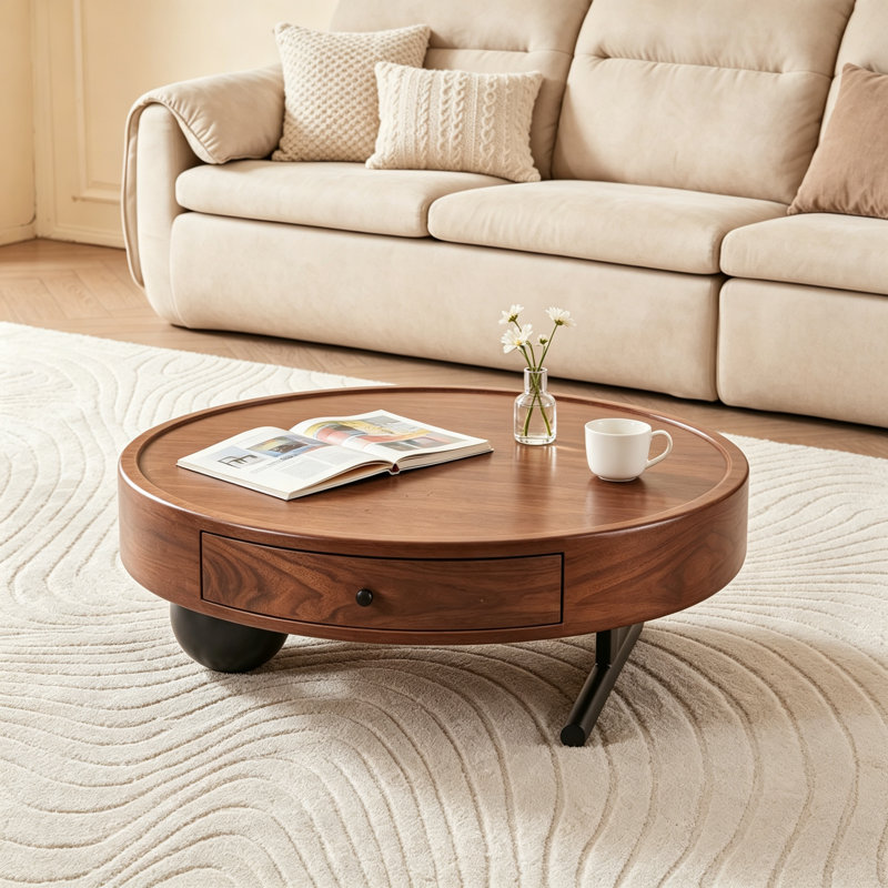 Table basse ronde moderne en noyer de 90 cm (35,4 po) avec tiroir de rangement, plateau en placage de bois et pieds sphériques sculpturaux.