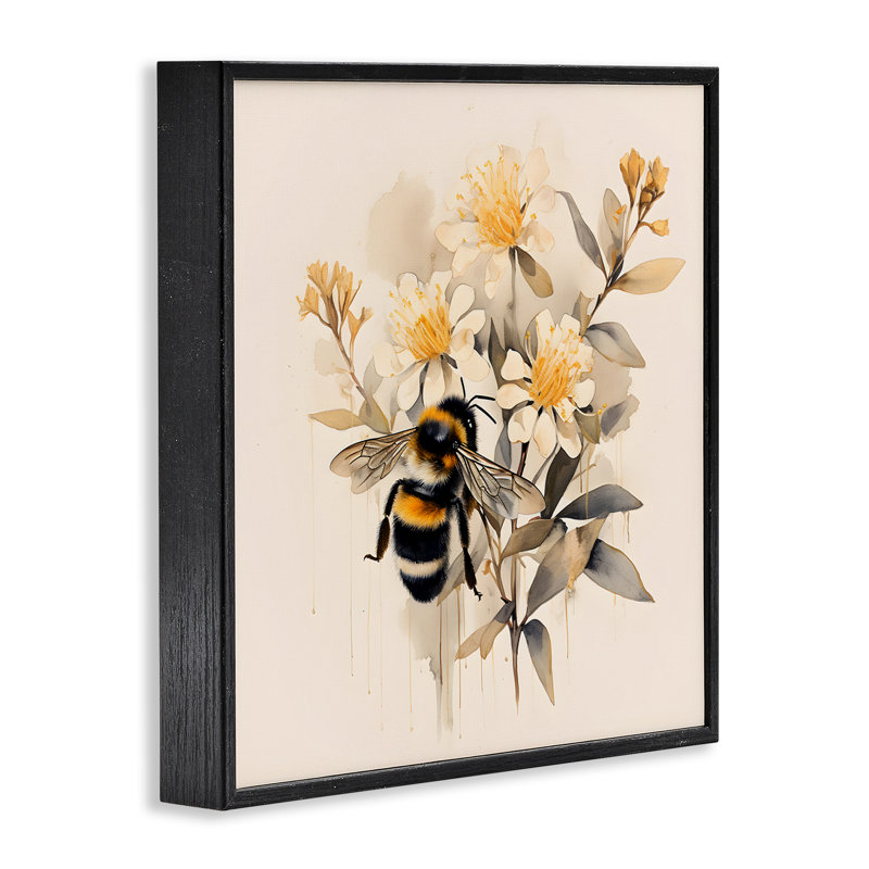 Abeille à miel avec marguerites, estampe numérique encadrée par Petal Prints Design, H 12 po x l 12 po