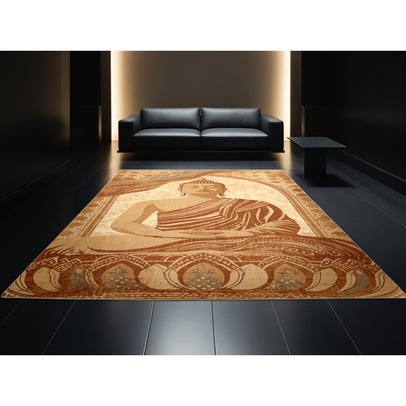 Tapis d'inspiration mondiale Bergland lavable à la machine en brun - reliure beige, 2 pi x 3 pi