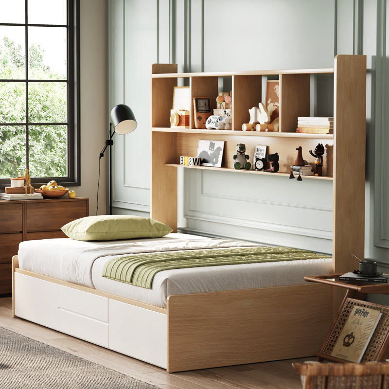 Andriena Full-size multifunctional bed with four storage drawers and  bookshelf, suitable for one person, in natural color