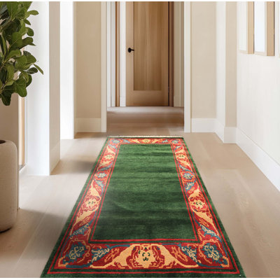 Tapis transitionnel tibétain vert en laine noué à la main 4 pi 3 po x 7 pi 6 po