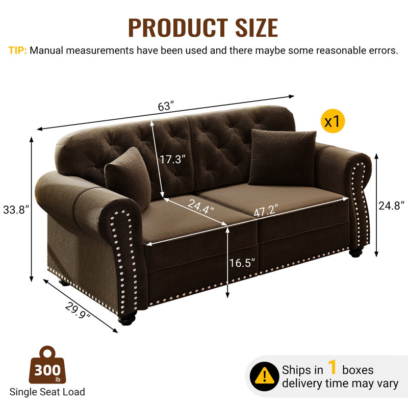 Canapé Chesterfield avec garniture cloutée, accoudoirs roulés, canapé capitonné avec 2 coussins