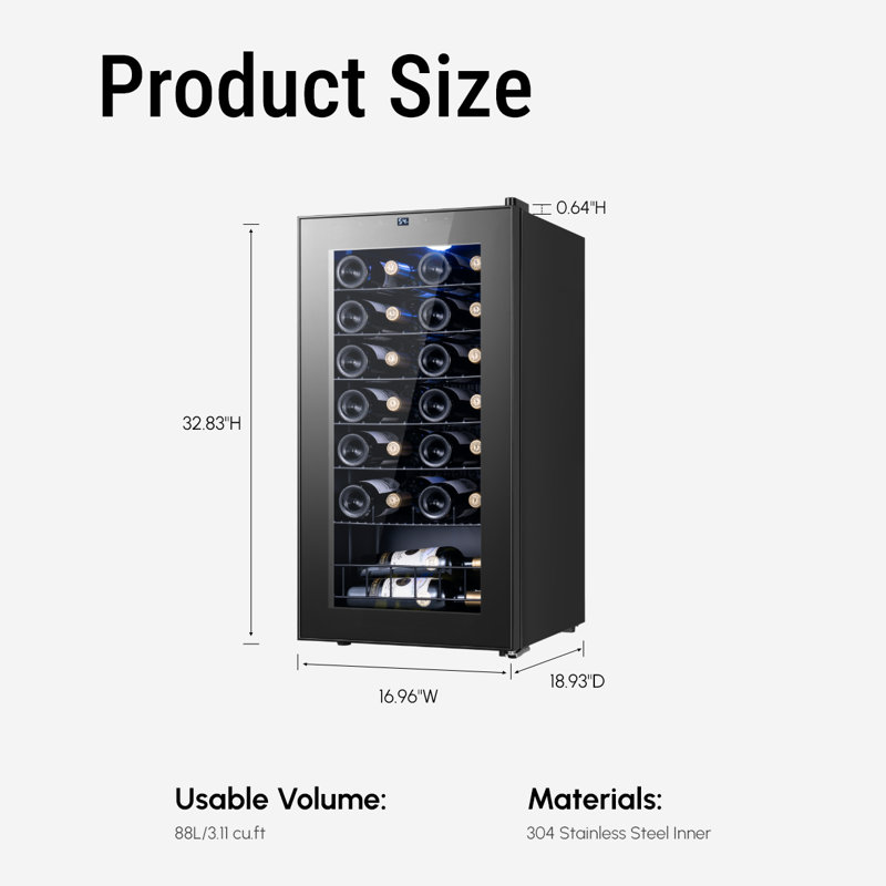 28 Bottle Wine Fridge, 3.1cu.ft Compressor Wine Cooler Refrigerator, 38-65℉ Freestanding Wine Cellar with Digital Temperature Control & Double-layer Glass Door & Blue LED & Adjustable Shelves for Home, Office, Bar